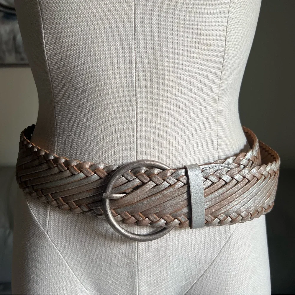 Another Line Leather Braided Belt XL Sz Tan Silver Adjustable Rustic Boho 43”